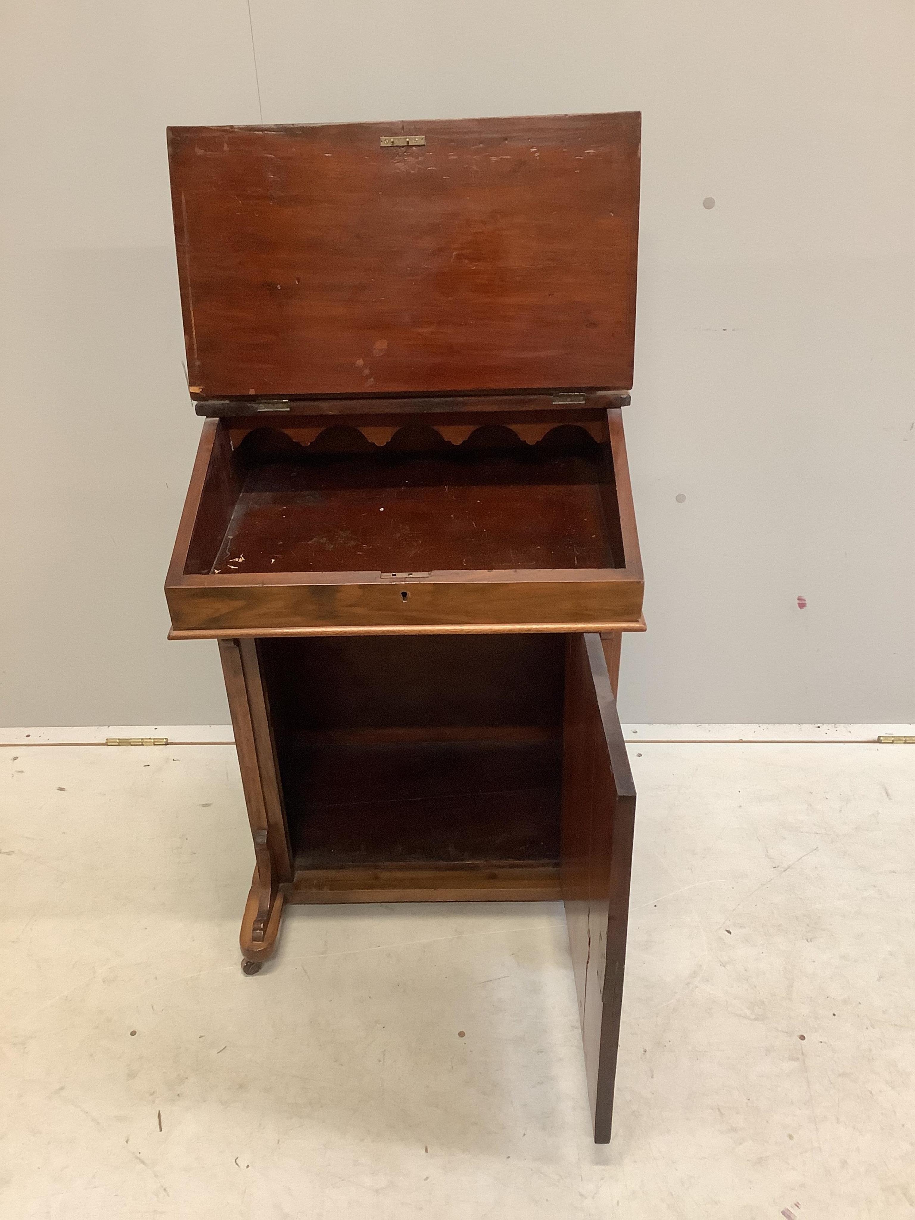 A late Victorian inlaid walnut Davenport, width 53cm, depth 49cm, height 82cm. Condition - poor to fair